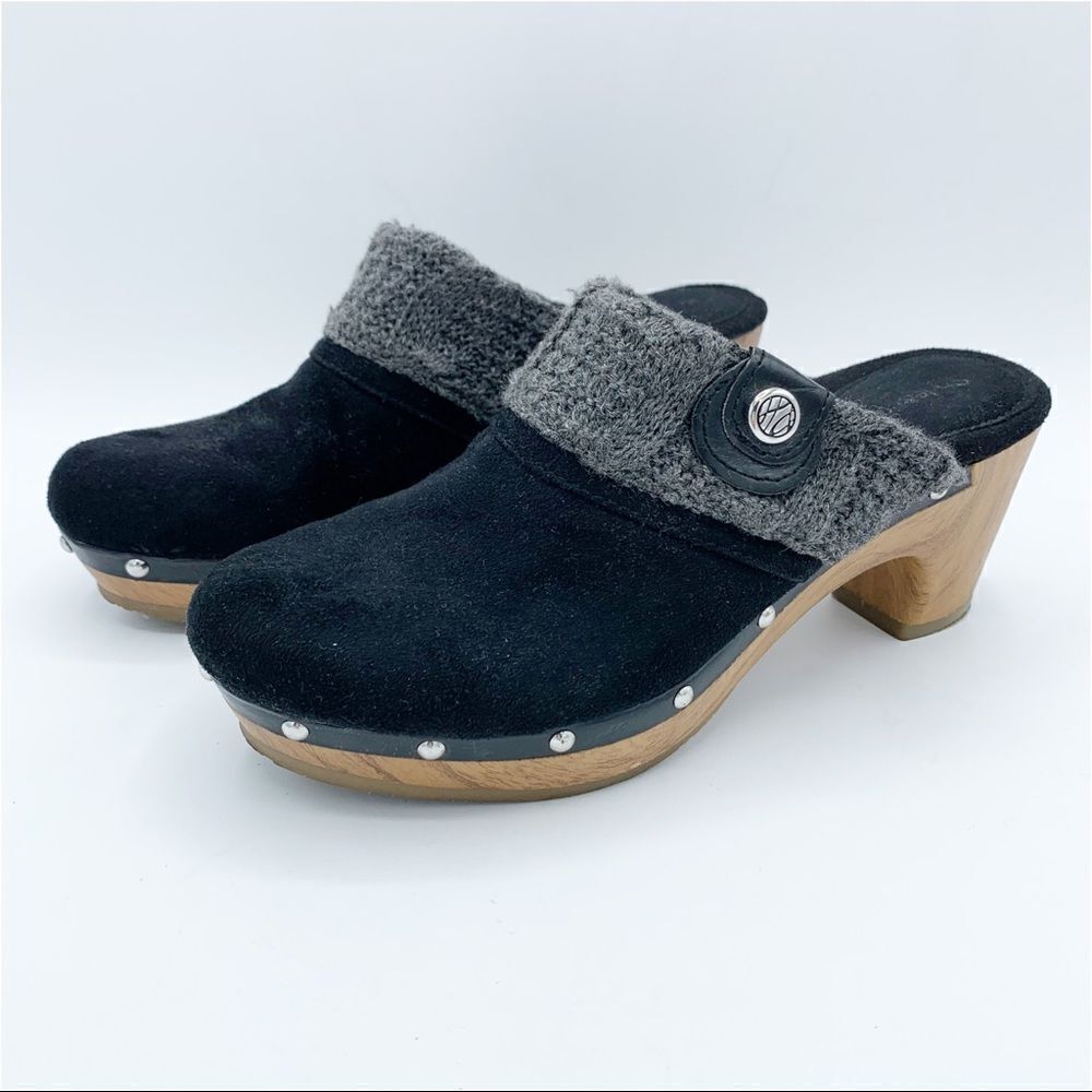 Style & Co Wooden Heeled Black Suede Clog with Knitted Trim and Silver Tag‎